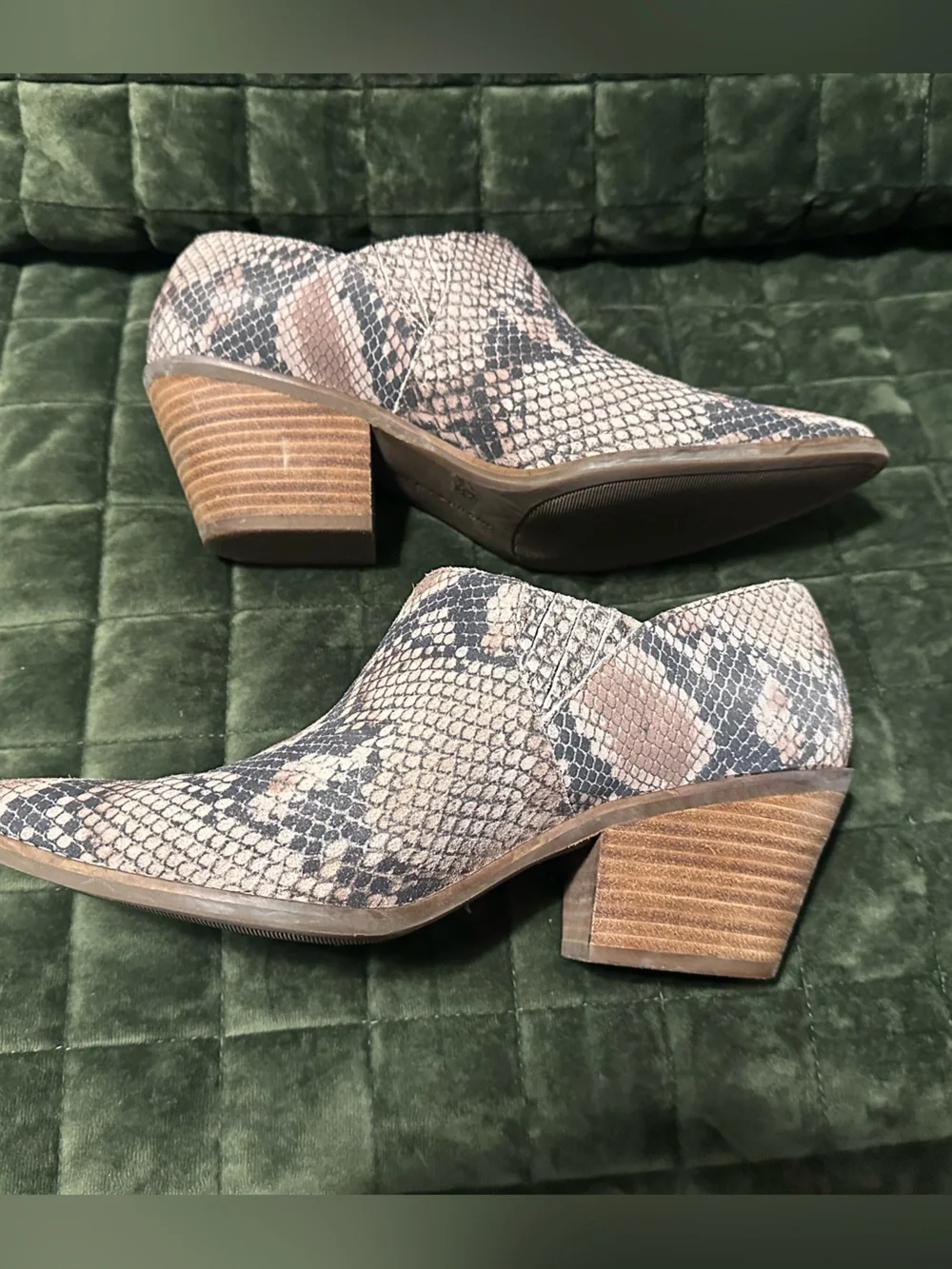 Lucky Brand Pointed Snake-Print Ankle Booties in Taupe and Black